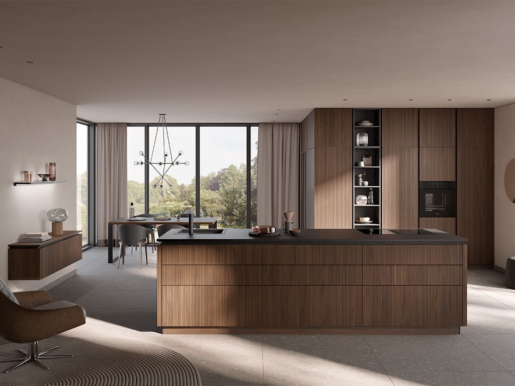 Entdecken Sie zeitlose Eleganz mit dem AV-6023GL Nussbaum Küchendesign. Nachhaltige M1-Holzarbeitsplatten verleihen Ihrer Küche einen Hauch von Klasse und Qualität.